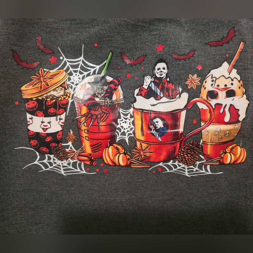 Funny Halloween Coffee Scary Cups Sweatshirt Sz Large Unisex - Picture 2 of 3